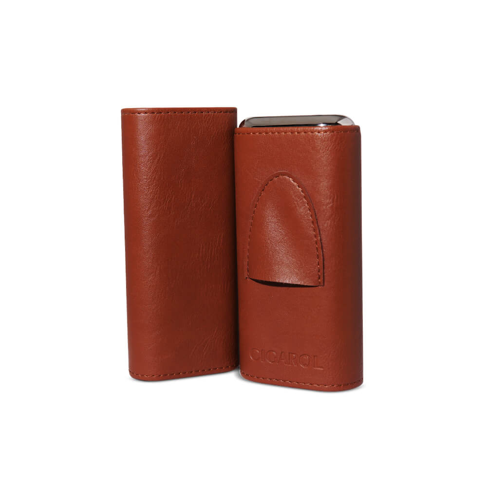 Charuteira De Couro Marrom Rígida Cigarol p/ 3 Charutos