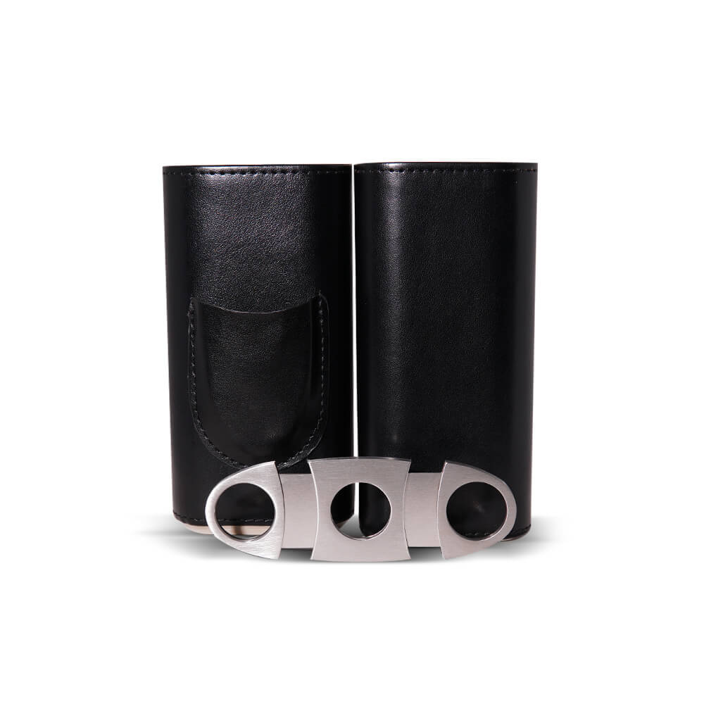 Charuteira De Couro Preta p/ 3 Charutos c/ Cortador